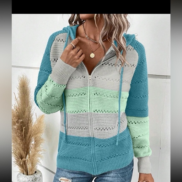 Boho color block zip up drawstring hooded knit sweater - Picture 4 of 5